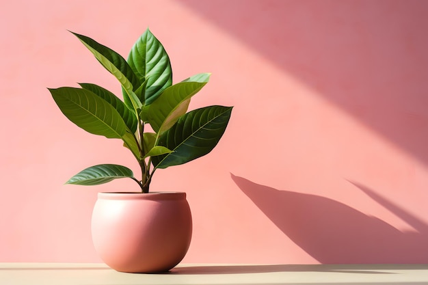 A pink wall with a plant in a pot and a green leaf in the