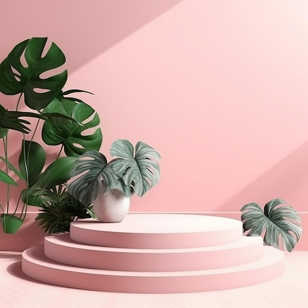 A pink wall with a plant and a pot with a plant on it