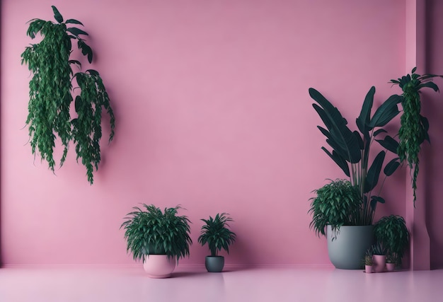 Pink wall with plants and a pink background