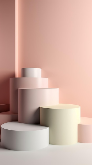 A pink wall with a round, white and pink stools.