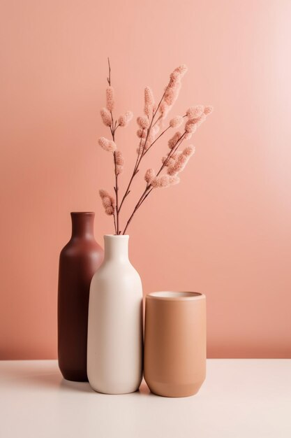 A pink wall with a vase and a branch of a plant on it.