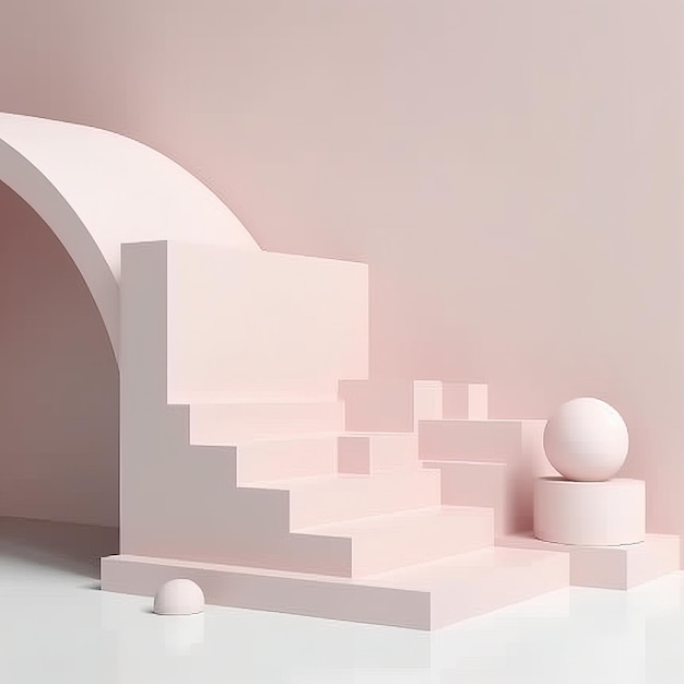 A pink wall with a white object in the middle and a white sphere on the right.