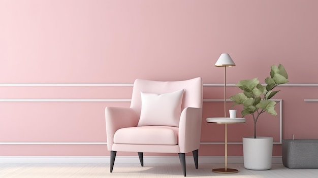 A pink wall with a white plant next to a pink chair.