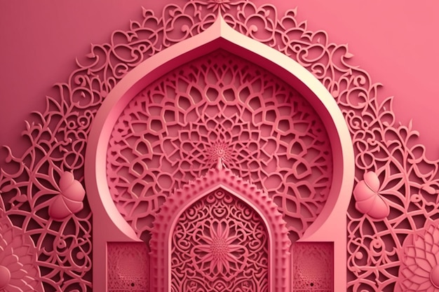 Pink wallpaper with a door and arabic text.