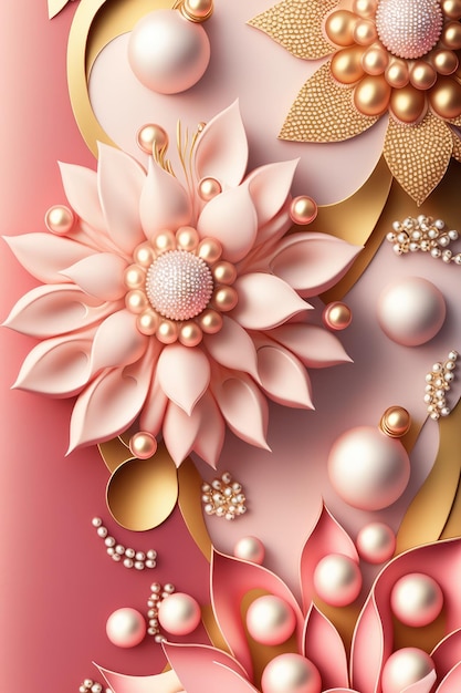 Pink wallpaper withflowers and pearls