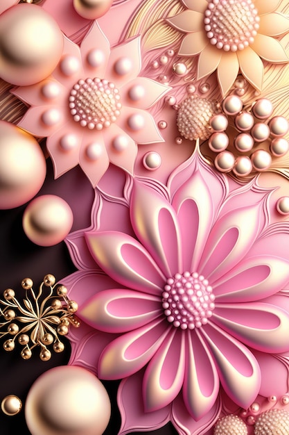 Pink wallpaper withflowers and pearls