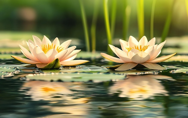 Pink water lilies bloom gracefully on a tranquil pond surrounded by green foliage in the warm sunlight