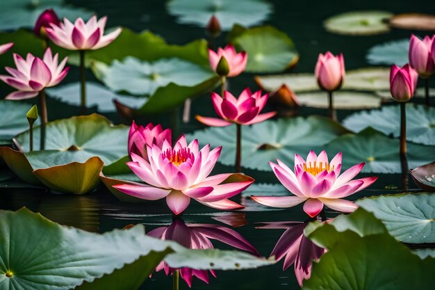 Pink water lilies in a pond