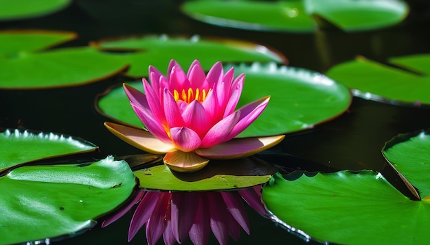 a pink water lily is floating in a pond with green leaves