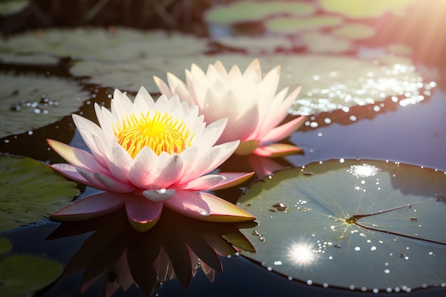 A pink water lily in a pond with the sun shining on it Generative AI