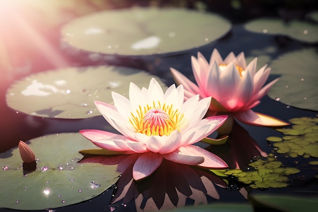 A pink water lily in a pond with the sun shining on it Generative AI