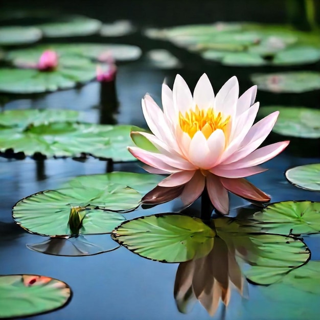 a pink water lily sits in a pond with other lily pads