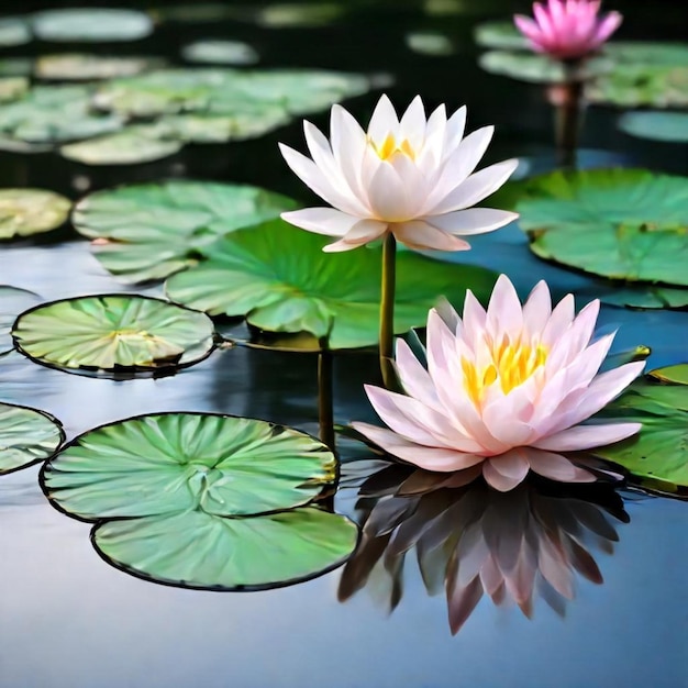 a pink water lily sits on a surface with other water lilies