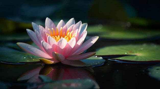 A pink water lily in the water