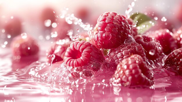 Photo pink water splash with raspberries soft and lively