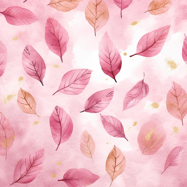 Photo pink_watercolor_background_with_golden_foil_leaves