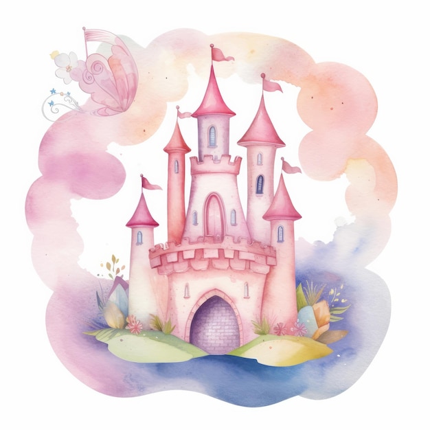 Pink Watercolor Castle Isolated Illustration AI GenerativexA