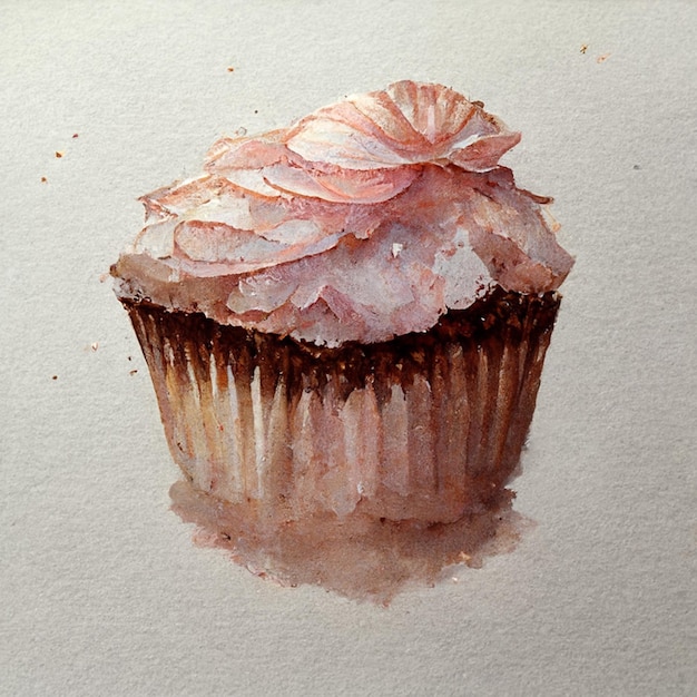 Pink watercolor cupcake decorated with fruits Delicious vanilla cake with sweet cream