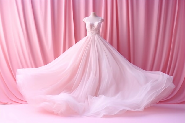 A pink wedding dress on a mannequin in front of a pink curtain