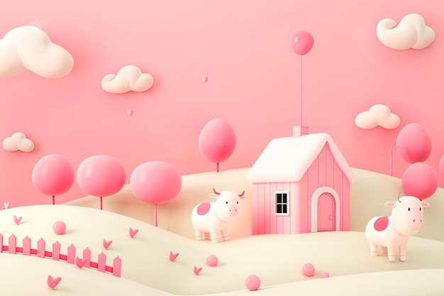 A pink and white 3D cartoon scene with two cows and a house on a pink background