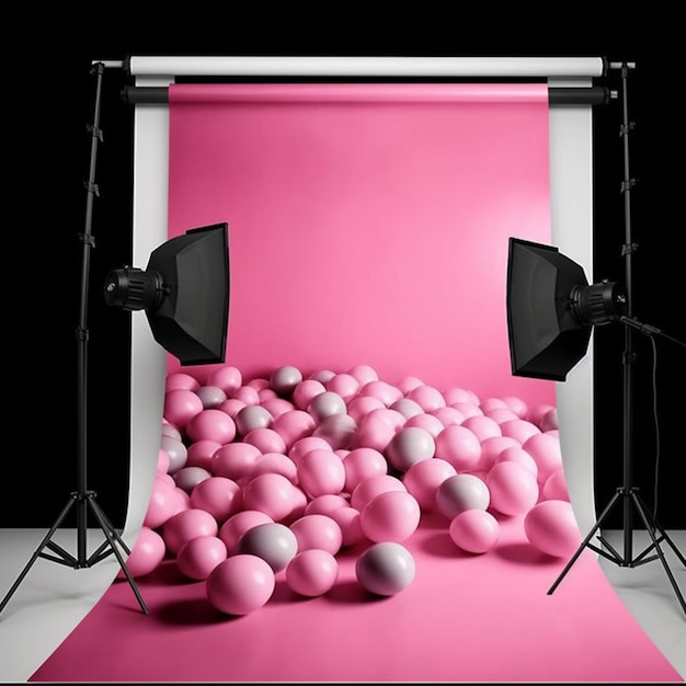 A pink and white backdrop with a large ball pit and a pink backdrop.