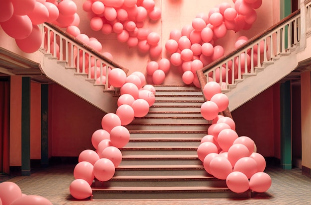 Pink and white balloons going down some stairs