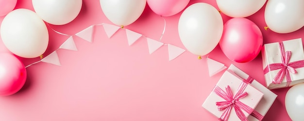 Photo pink and white balloons with birthday gifts on pink background top view flat lay concept highre