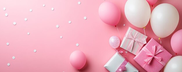 Pink and White Balloons with Birthday Gifts on Pink Background Top View Flat Lay Concept HighRe