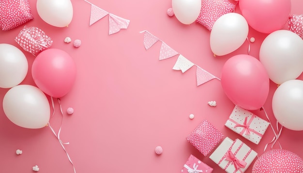 Pink and White Balloons with Birthday Gifts on Pink Background Top View Flat Lay Concept HighRe