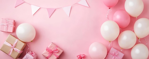 Pink and White Balloons with Birthday Gifts on Pink Background Top View Flat Lay Concept HighRe