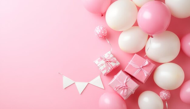 Pink and White Balloons with Birthday Gifts on Pink Background Top View Flat Lay Concept HighRe