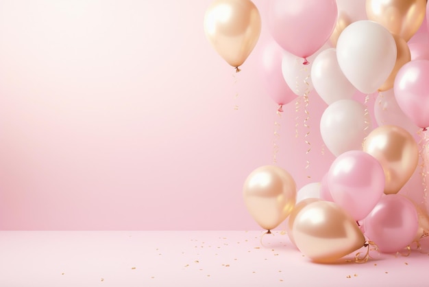 Pink and white balloons with confetti on pink background