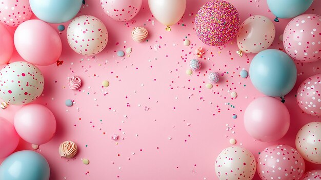 Pink and white balloons with ribbons arranged in a circular frame on a clean white background