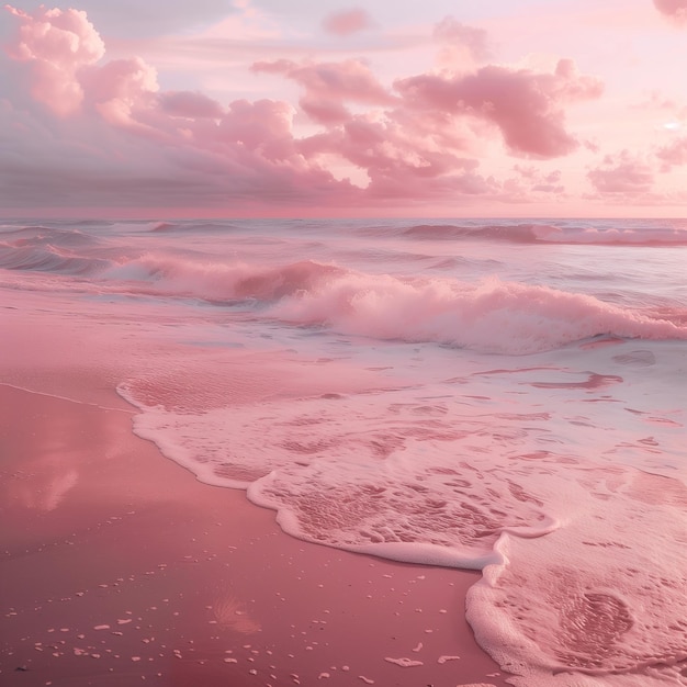 a pink and white beach with the ocean in the background