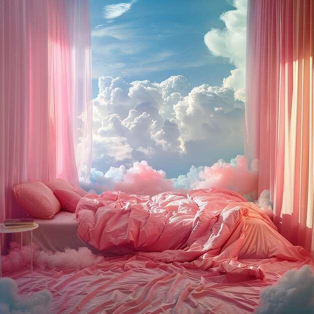 Photo a pink and white bedroom with a pink and blue sky and clouds