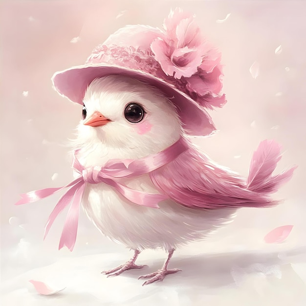 Photo a pink and white bird wearing a hat with a pink ribbon around