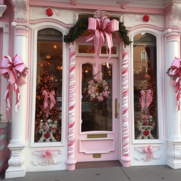 A pink and white building has a large pink bow on the door.