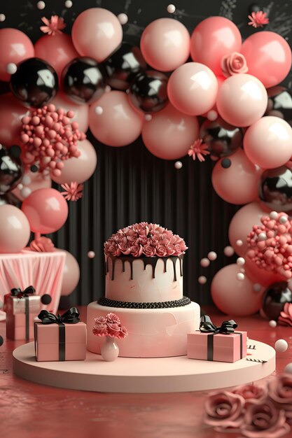 Photo a pink and white cake with pink and black decorations and a pink and black and white cake