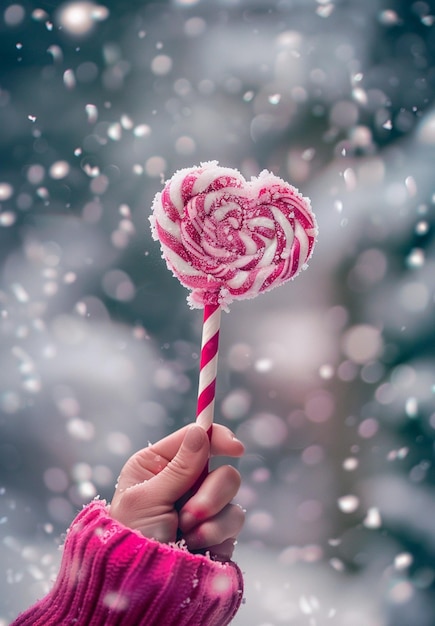 Photo a pink and white candy cane is held up by a person holding a pink candy cane