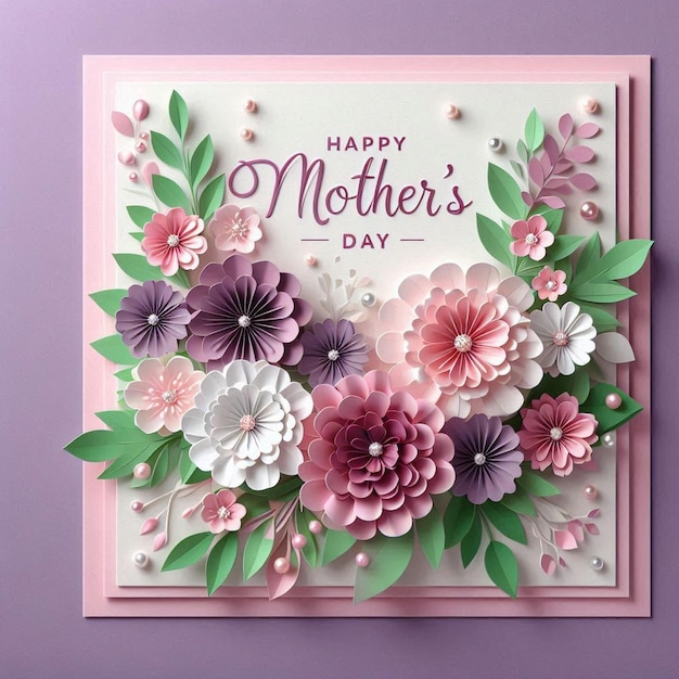 a pink and white card with flowers and leaves on it