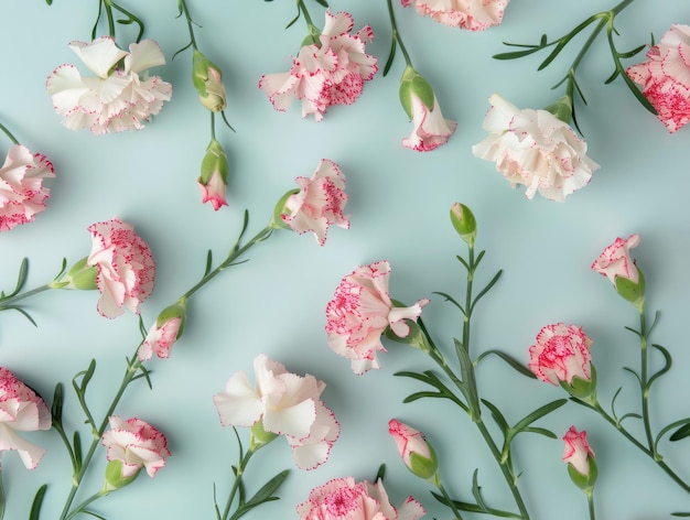 Pink and White Carnations Spread on Pastel Blue Background