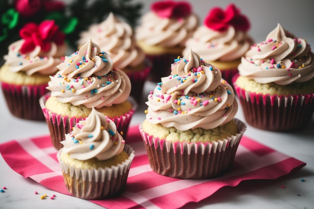 A pink and white checkered cloth has cupcakes on it.