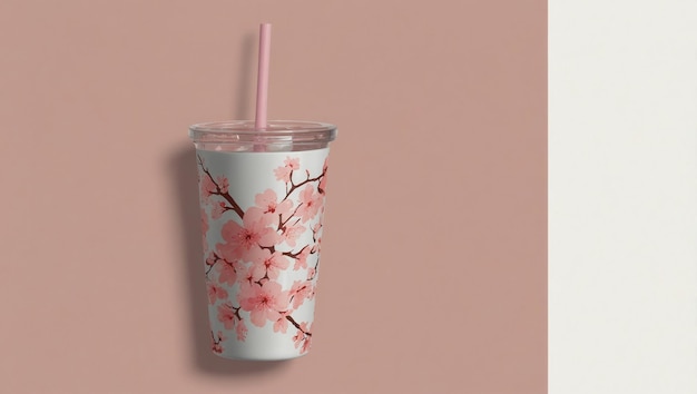 a pink and white cup with a flower on it tea