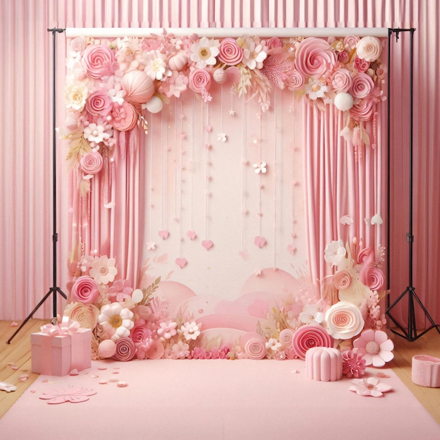 a pink and white curtain with pink flowers and a pink bow