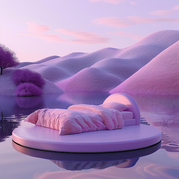 Photo a pink and white floating platform in a lake with a pink and white chair