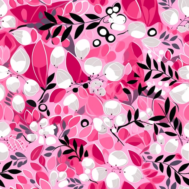 Pink and white floral pattern with a white flower and leaves.