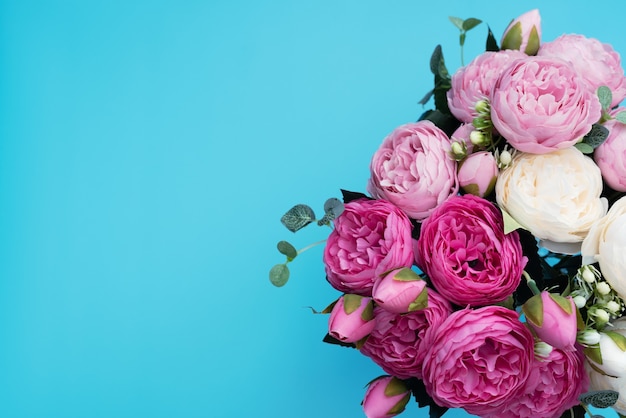 Pink and white flowers on blue