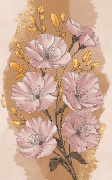 Pink and white flowers on a pink background Flat lay top view