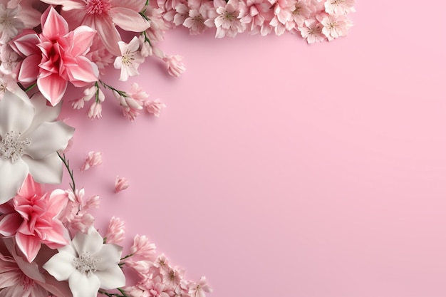 Pink and white flowers on a pink background with space for text generative ai