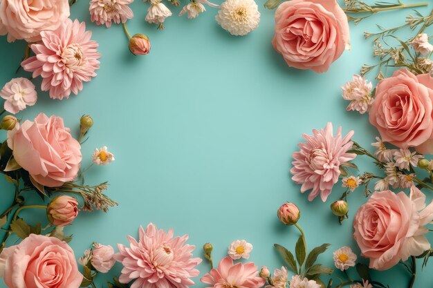 Photo pink and white flowers on a teal background